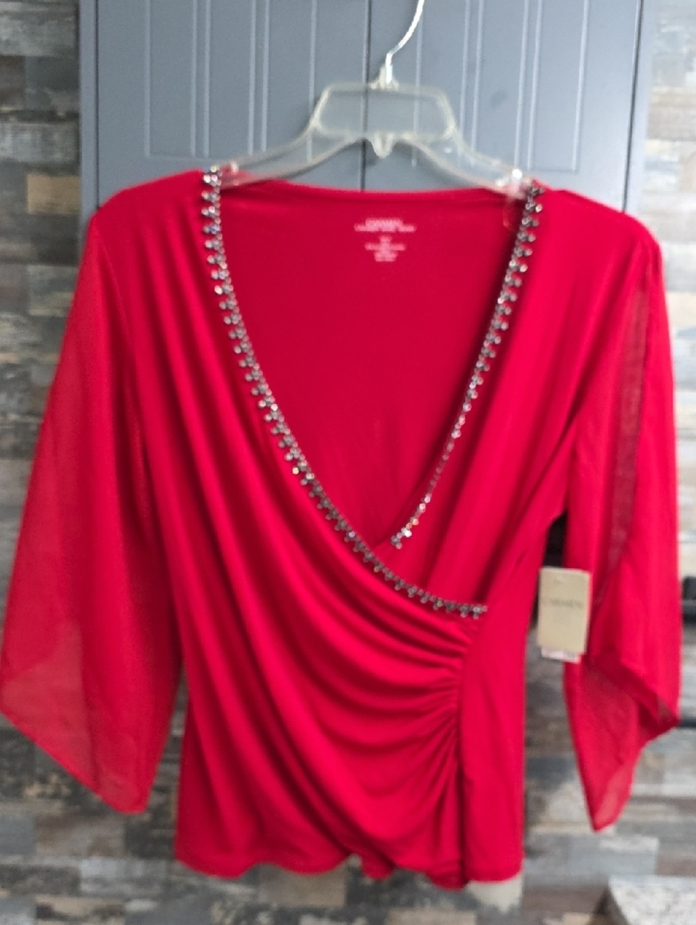 Carmen Marc Valvo Red V-Neck Embellished Draped Blouse